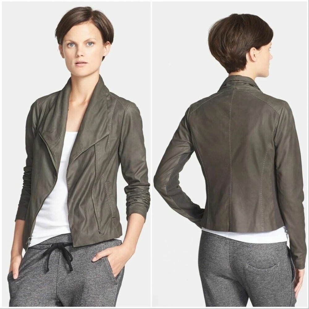 VINCE Brown Asymmetrical Drape Collar Goat Leather Jacket Merino Inset M